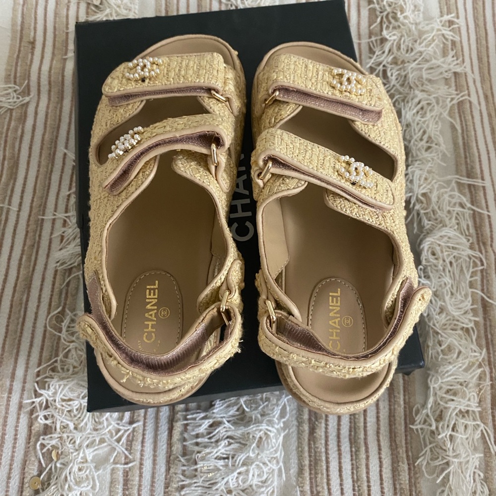 Designer women’s  Gold and Tan Sandals with pearl accent